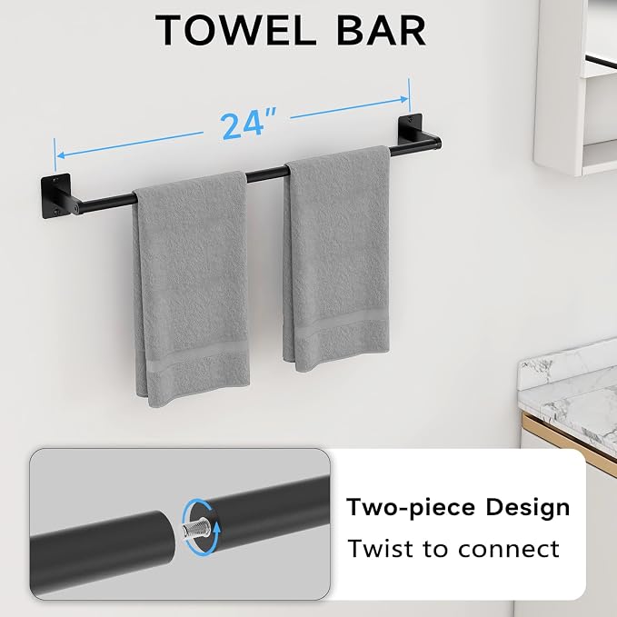 KLJKPA 20 Pieces Bathroom Hardware Set, Black Bathroom Accessories Set, 24 inch Towel Bar, Towel Racks for Bathroom, Robe Towel Hooks, Toilet Paper Holder Wall Mounted