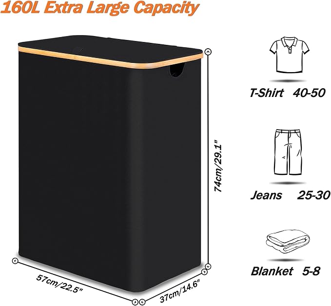 efluky Laundry Hamper with Lid, Trio Laundry Basket with 2 Removable Bags, 3 Section Laundry Bin with Bamboo Handles for Bathroom, Bedroom & Laundry Room, 160L (42.3 Gallon) Black