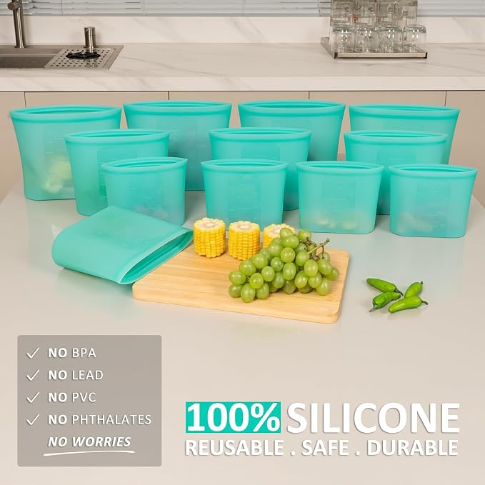 Reusable Food Bags, 12 Pack 100% Silicone Food Storage Bags Stand Up Zip Lock Container, Freezer Microwave Oven Dishwasher Safe, 4 Medium 4 Small 4 Extra Small, Aqua