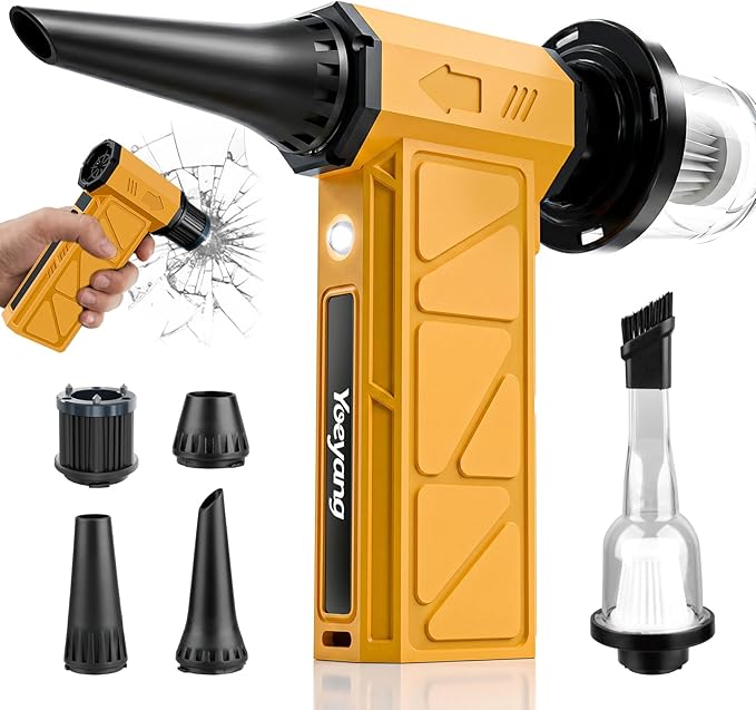 Compressed Air Duster, Industry-First O-Shaped Air Duct with 13-Blade Dual-Layer Turbo Fan, 6-in-1 Cordless Mini Blower, Vacuum & Inflator,4-Speed, LED Light & Window Breaker for Car Home, Yellow
