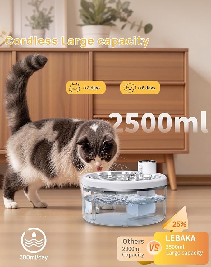 Wireless Cat Water Fountain [with Stainless Steel Tray], 84oz/2.5L Pet Fountain for Cats Inside, Cat Fountain for Drinking with Motion Sensor