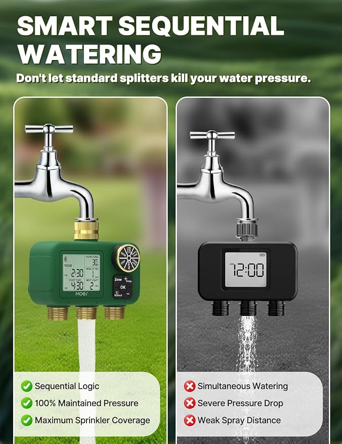 MOES 3 Zone Water Timer for Garden Hose, 3/4 in Brass Inlet and Outlets, Battery Operated Sprinkler Timer, 3 Outlet Faucet Valve, Sequential Watering, Rain Delay, Non-WiFi