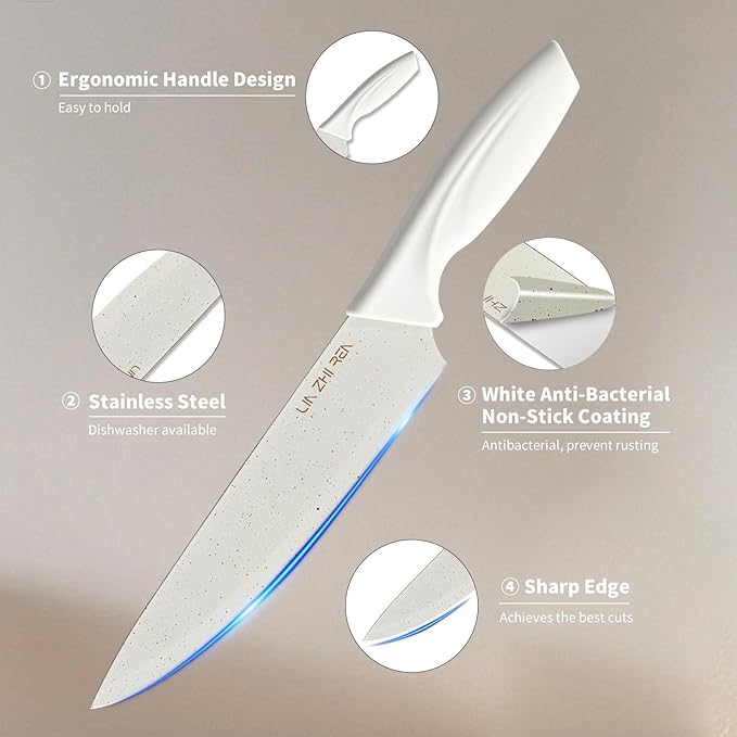 15 Piece Knife Set，Kitchen Knife Block Set，White stainless steel knife set with sharpener for Chopping, Slicing, Dicing & Cutting，Dishwasher safe