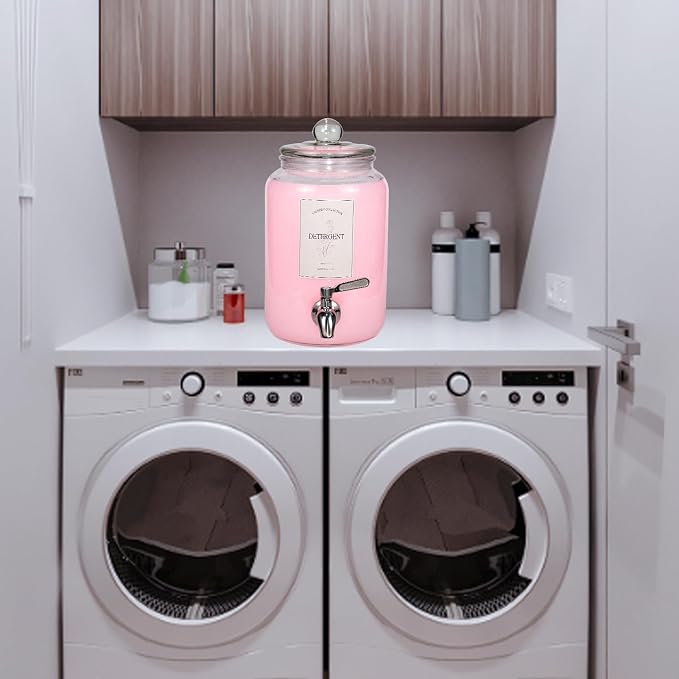 Large Liquid Laundry Detergent Dispenser with Spigots and Measuring Cups,108oz Leak-Proof Glass Fabric Softener,Reusable Glass Detergent Dispenser for Laundry Room Organizer and Storage(1)