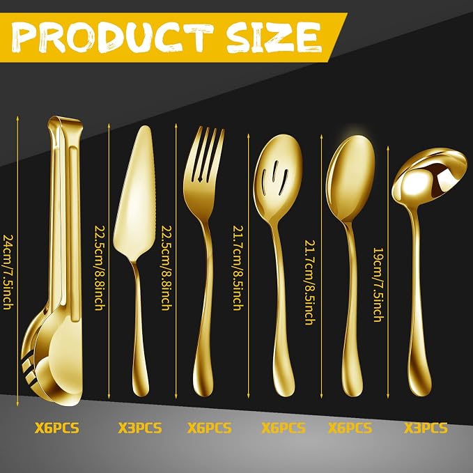 Thenshop 30 Pcs Serving Utensils Set Stainless Steel Flatware Serving Set Include Large Spoons Slotted Spoons Forks Soup Ladle Pie Server and Tongs for Buffet Catering Party Restaurant(Gold)