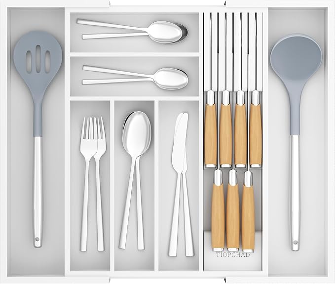 TIOPGHAD Bamboo-Silverware-Drawer-Organizer-Kitchen, Expandable Utensil Holder Cutlery Tray Flatware Organization Adjustable Wood Tableware Dividers Storage (with Removable Knife Block)(White)