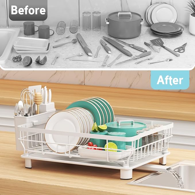 Dish Drying Rack for Kitchen Counter,12.8" W x 16.9" L,White | Space Saving Dish Rack, Self-Draining Drainboard, Rustproof Dish Drainer, Removable Utensil Holder