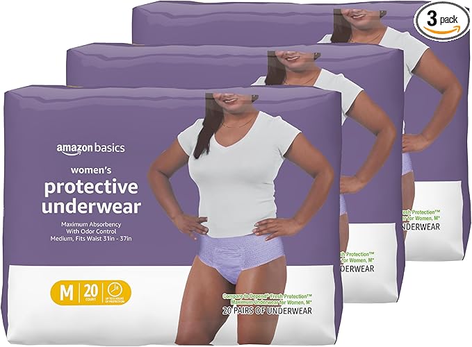 Amazon Basics Maximum Absorbency Incontinence Underwear for Women, Disposable Postpartum, Bladder Leak Protection, Odor Control, Soft, Medium, Lavender, 60 Count (3 Packs of 20)