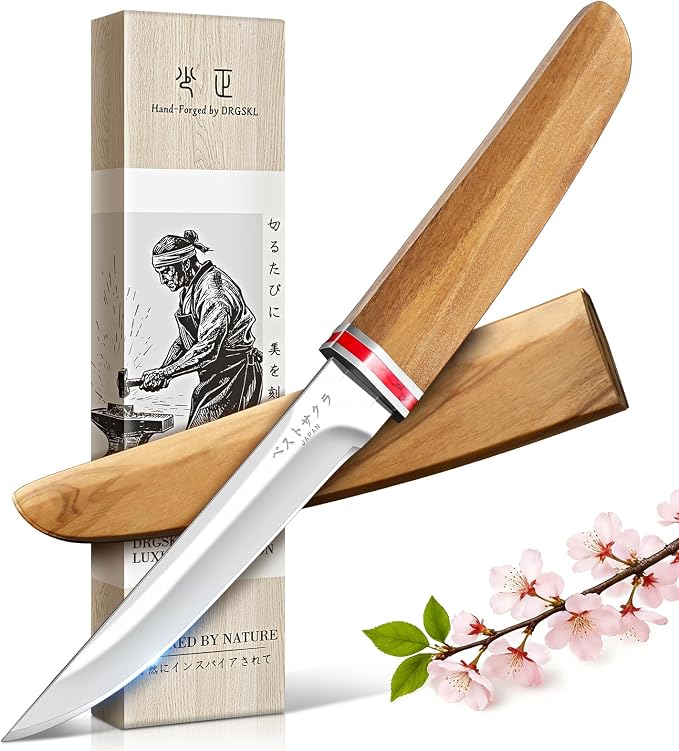 DRGSKL Utility Fixed Blade Knife - Handcrafted Japanese Knife with Sheath | D2 Steel, Premium Natural Walnut Wood Handle & Sheath, Gift Box, Red Marble Texture Decoration