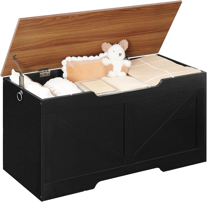 HOOBRO Storage Bench, 39.4" Retro Wooden Storage Chest with U-Shaped Cut-Out Pull, Safety Hinge, Supports 220 lb and Easy Assembly for Toy Box Organizer (Black and Walnut) BH771CW01G1