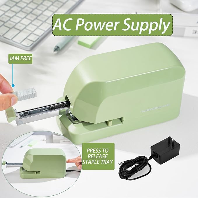 Heavy Duty Electric Stapler Value Pack, 45 Sheet Capacity, Includes 1500 Staples & Staple Remover, No-Jam, Faster Stapling, Automatic Stapler Desktop,AC Adapter Powered (Saga Green)