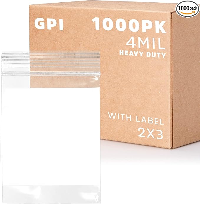 GPI - 2" x 3" - Bulk Case of 1000, 4 Mil Thick, Heavy Duty, Clear Plastic Reclosable Zip Bags, with Write-on White Block for Labeling, Strong & Durable Poly Baggies with Resealable Zipper Top Lock.