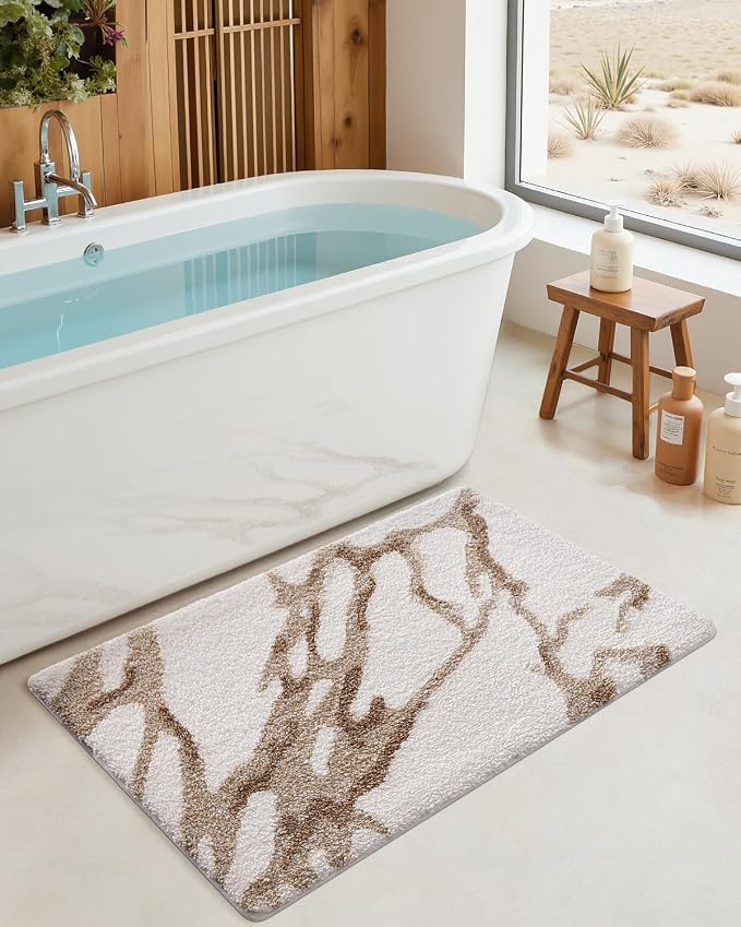 DEXI Bathroom Rug Mat 43x24, Soft and Absorbent Marble Bath Mat, Non Slip Machine Washable Bath Rugs for Shower Floor, Tub, Sink, White and Beige