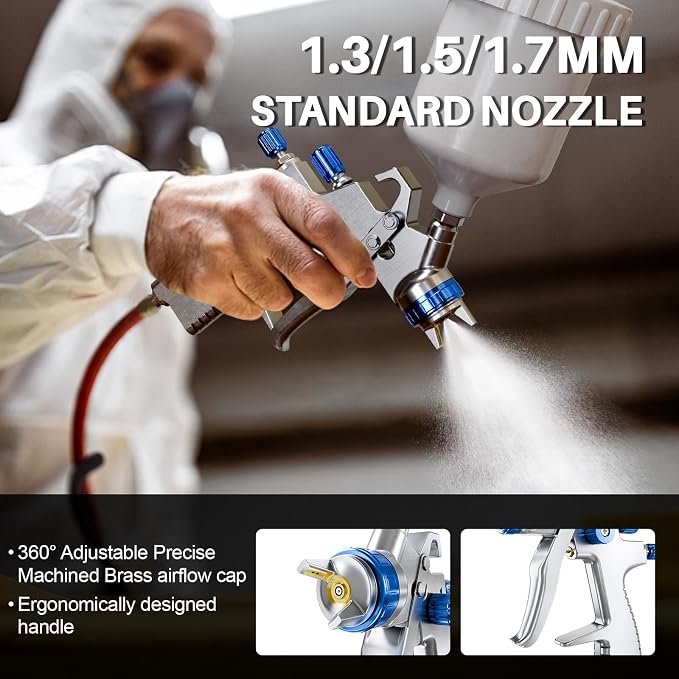 LVLP Air Spray Gun Premium Kit with 1.3/1.5/1.7mm Nozzle & Air Regulator,Automotive Paint Sprayer, for Cars & House DIY Painting Gun
