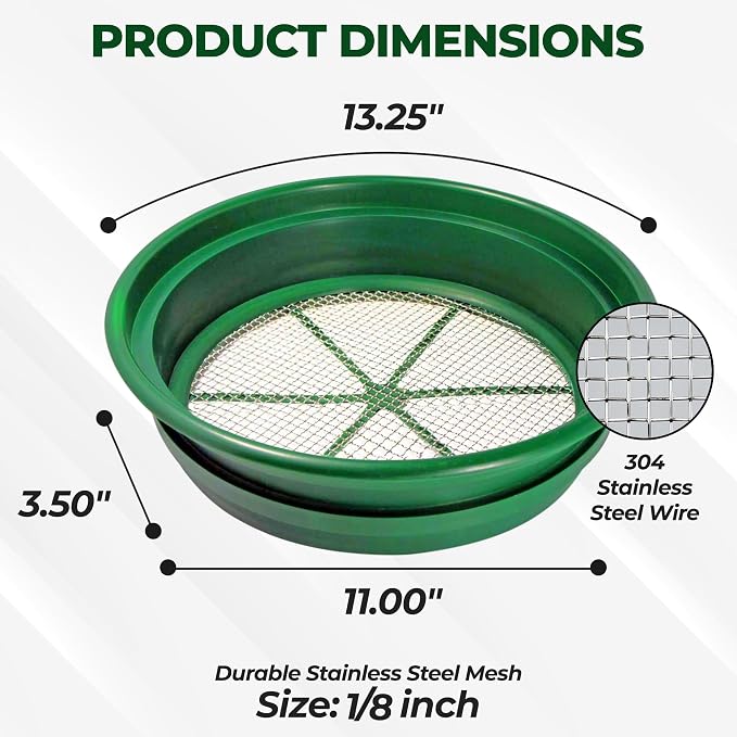 SE 13.25 Inch Wide Stackable Classifier Gold Prospecting Pan - 1/8 Inch Stainless Steel Mesh Sifting Pan, Green