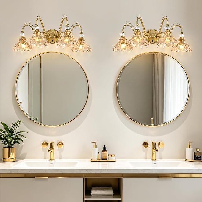 Vintage Bathroom Vanity Light, 4-Light Brushed Gold Finish Wall Sconce with Hanging Crystal Accents and Flower-Shaped Amber Glass Shades, Retro Wall Mount Vanity Light Over Mirror for Bathroom