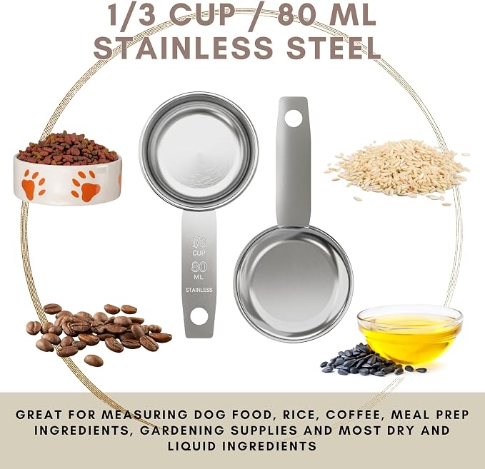 1/3 Cup Stainless Steel Measuring Cup | Sturdy Metal 80 ml | 80 cc | 3 oz | Single Cup for Wet and Dry Ingredients | Great for use as 1/3 Cup Dog Food Scoop - 12 PK