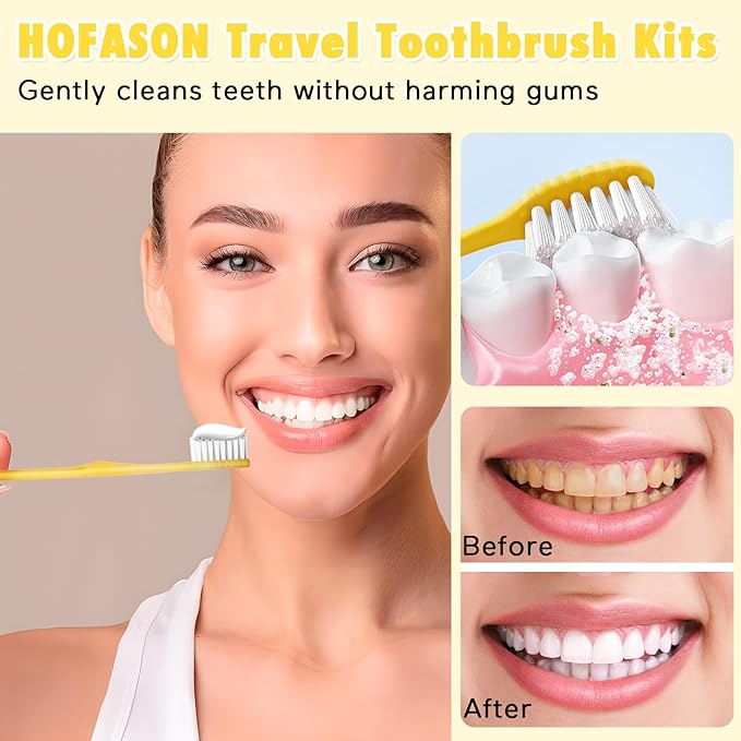 HOFASON Disposable Toothbrushes with Toothpaste Pack of 50, Yellow Hollow Travel Toothbrush Set with 5g Bulk Toothpaste Individually Wrapped for Homeless, Nursing Home, Shelter, Hotel
