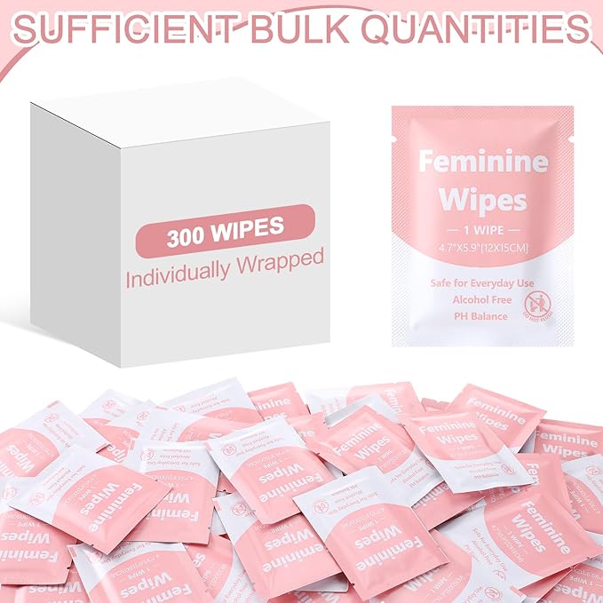 300 Pieces Bulk Feminine Wipes Individually Wrapped Travel Size Women Unscented Intimate Period Cleansing Wipes Deodorant Feminine Products Care Kits Private Parts Ph Balanced(Pink)