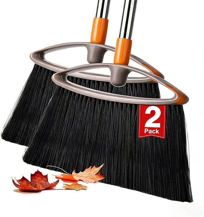 2 Pack Stiff Bristle Broom for Sweeping Indoor, Heavy Duty Broom with Collapsible Handle, Ideal for Indoor Outdoor Hardwood Floors Kitchen Salon Camping Cat Pets Hair Home Room Office, Gray
