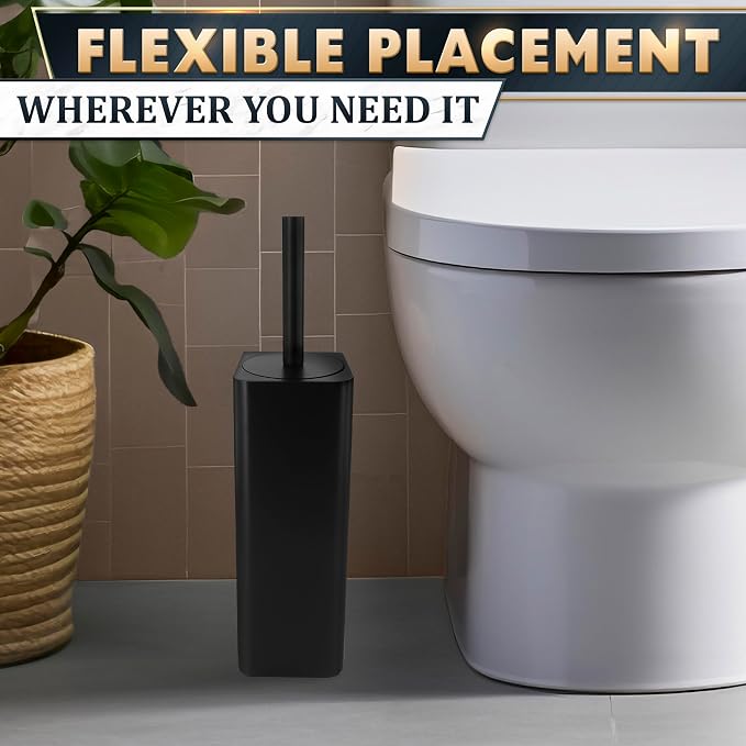 Black Toilet Brush and Holder Set - Slim Matte Design that Fits Anywhere - Stainless Steel Toilet Bowl Brush and Holder with 2 Rounded Corners, Replaceable Head, Removable Inner Bowl & Splash Guard