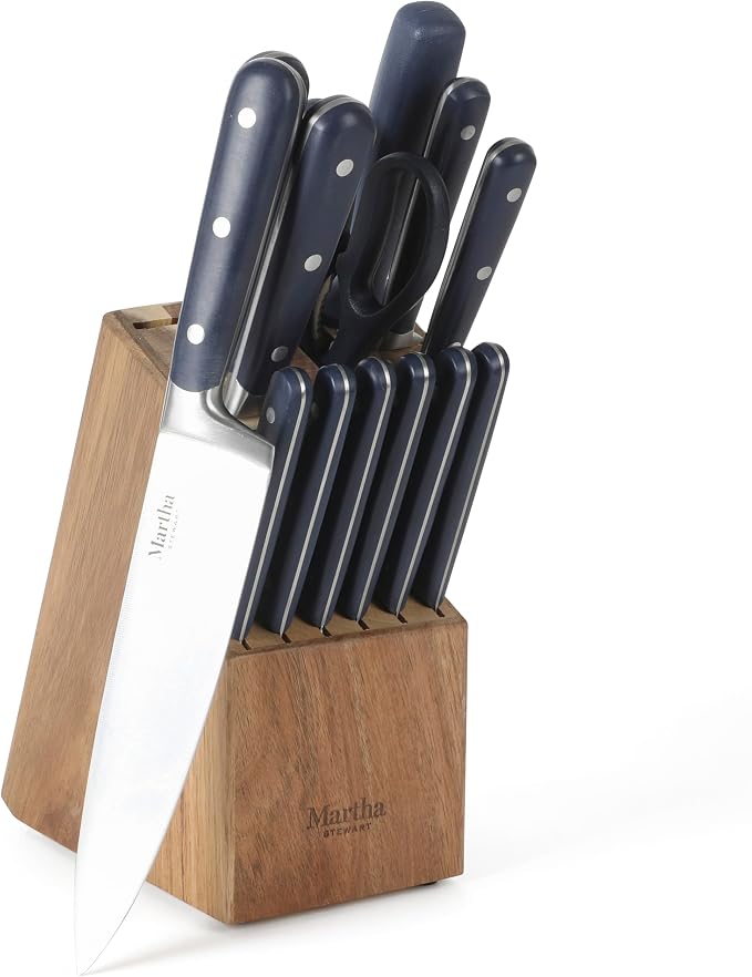 MARTHA STEWART Eastwalk 14 Piece High Carbon Staineless Steel Cutlery Set w/ABS Triple Riveted Forged Handle Acacia Wood Block - Navy Blue