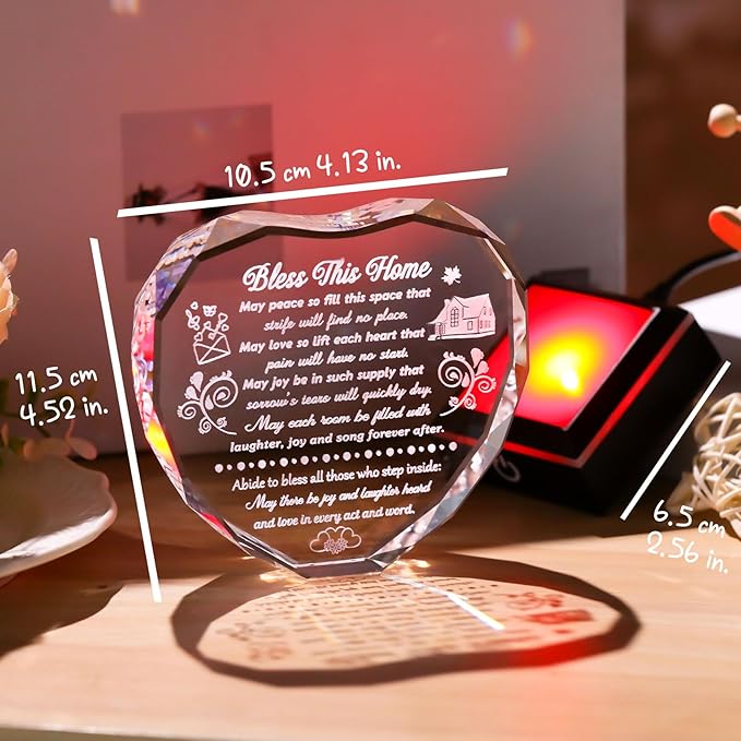 Crystal House Warming Gifts Bless This Home Heart-shaped Plaque with LED Light Base for Women Men Meaningful New Home Gifts Ideas for Family