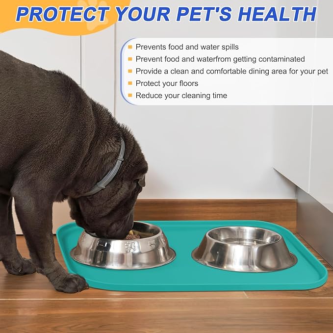 SMILOOL Waterproof Silicone Pet Food Mat with Raised Edge for Dog & Cat | 24" x 16" Non-Slip Pet Feeding Mats with Lip for Food & Water Bowl, Food Grade, Easy Cleaning, Dark Turquoise