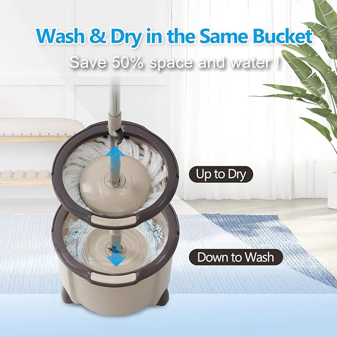 Eyliden Spin Mop and Bucket Set, 2 Microfiber Heads, Wash & Dry | Self-Cleaning Mop Bucket System for Hardwood, Tile, Vinyl Floors, Adjustable Stainless Steel Handle, Space-Saving Design