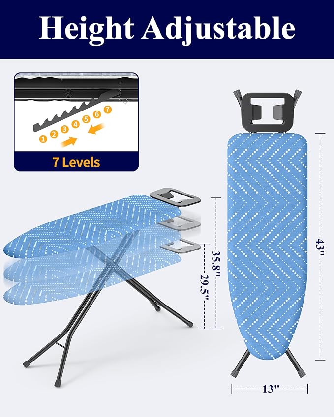 Kitsure Folding Ironing Board - Height Adjustable Iron Board in Full Size, Wobble-Free & Heavy-Duty Ironing Board with Cover and Pad for Heat Resistance, Light Blue, 43" L x 13" W x 35.8" H