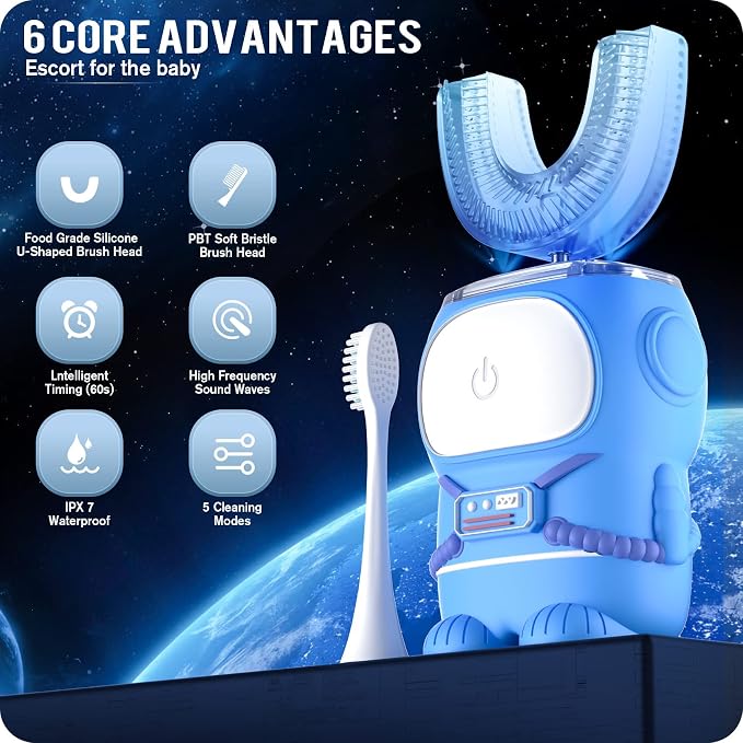 RexCodar Ultrasonic Kid's U-Shaped Electric Toothbrush, IPX7 Waterproof, Five Cleaning Modes,Cartoon Astronaut, 60S Smart Reminder (6-12 Age (Blue))