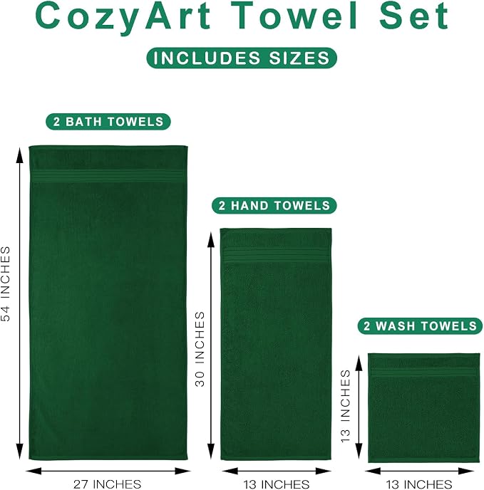COZYART Bath Towel Set 6 PCS Formal Green Luxury 100% Turkish Cotton 650GSM | Soft Absorbent Quick Dry, OEKO‑Tex 100 Cert. Zero Twist Ring Spun Cotton, Plush, Breathable Hotel Quality Bathroom Towels