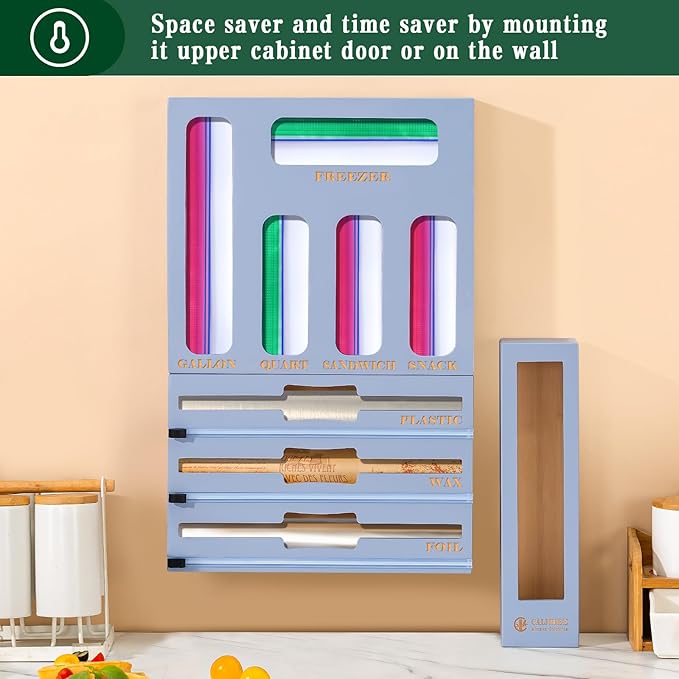 Calmbee 9 in 1 Bamboo Storage Bag Organizer for Kitchen Drawer – Plastic Wrap Dispenser with Cutter & Foil Organizer, Wooden Baggie Organizer for Sandwich, Snack, Gallon, Quart Sizes, Grey