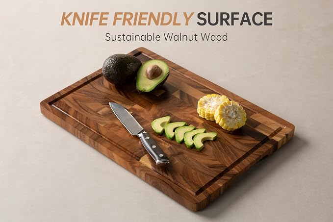 Walnut Cutting Board for Kitchen, Wooden Cutting Boards | End Grain Cutting Board with Juice Groove & Handles, 16.5", natural oil finish, non-slip feet,rounded edges, gift box