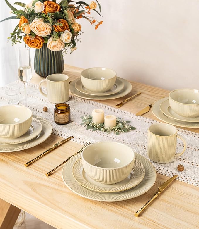 TheTerra Ceramic Dinnerware Sets for 6, 18 Pieces Porcelain Lightweight Plates and Bowls Sets, Scratch Resistant Dish Set, Oven, Microwave & Dishwasher Safe, Cream Latte