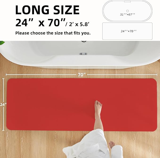 TYUU Christmas Bath Mat, Red Bathroom Rugs Non Slip Washable Thin Absorbent Bath Mat Fits Under Door Bathroom Floor Mat Perfect for Bath, Shower, or Sink 24"x70" Red