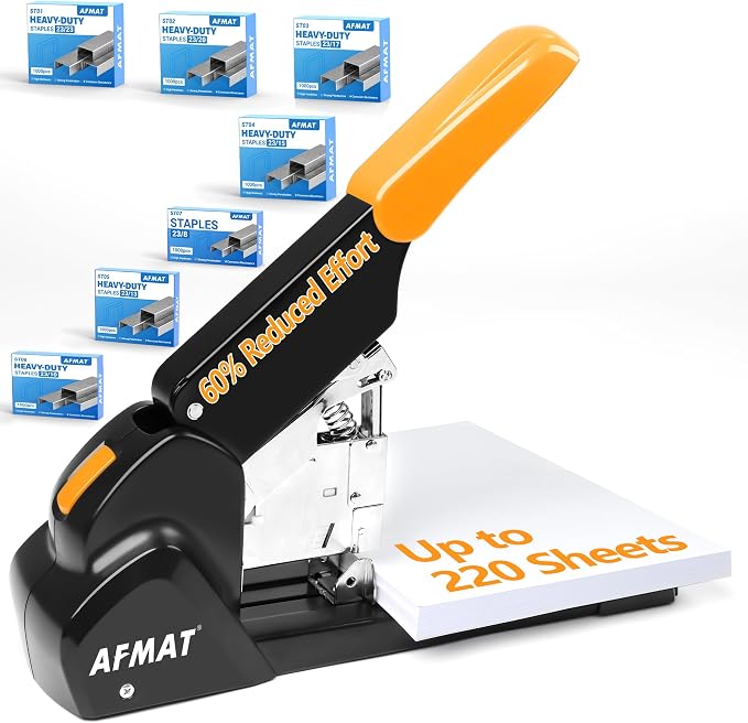 AFMAT Heavy Duty Stapler 220 Sheets, Large Staplers for Desk with 7000 Staples, 60% Reduced Effort, 50,000+ Uses, Jam Free, Adjustable Paper Depth, Metal Classroom Office Desktop Stapler, ES15