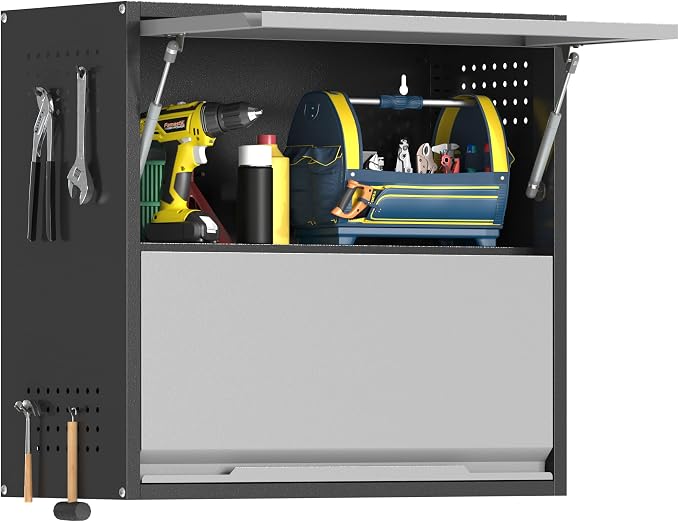 Metal Garage Wall Cabinet with Up-Flip Door, Black Float Tool Cabenit with 2 Doors,Upper Storage Cabinets with Pegboard for Kitchen,Garage,Workshop,Warehouse (25.6" H,Black&Gray)