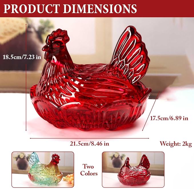 Crystal Glass Hen-Shaped Candy Server,Pastoral Style Candy Bowl with Lid,Red Tabletop Decor Dessert Plate Snack Bowl Egg Tray