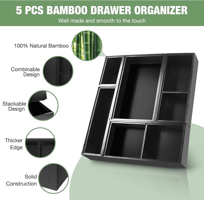 Bamboo Drawer Organizer,5 PCS Black Silverware Tray&Desk Organizers and Storage,Cabinet Divider With Removable Bathroom Organization for Kitchen,Utensils,Junk,Office,Makeup