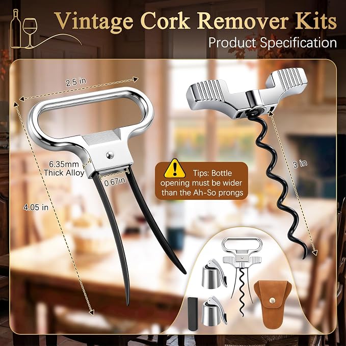 Ah So Wine Opener with Wine Stoppers, Two-Prong Cork Puller for Fragile and Damaged Corks, 2 Pack Stainless Steel Bottle Stopper with Silicone Seal