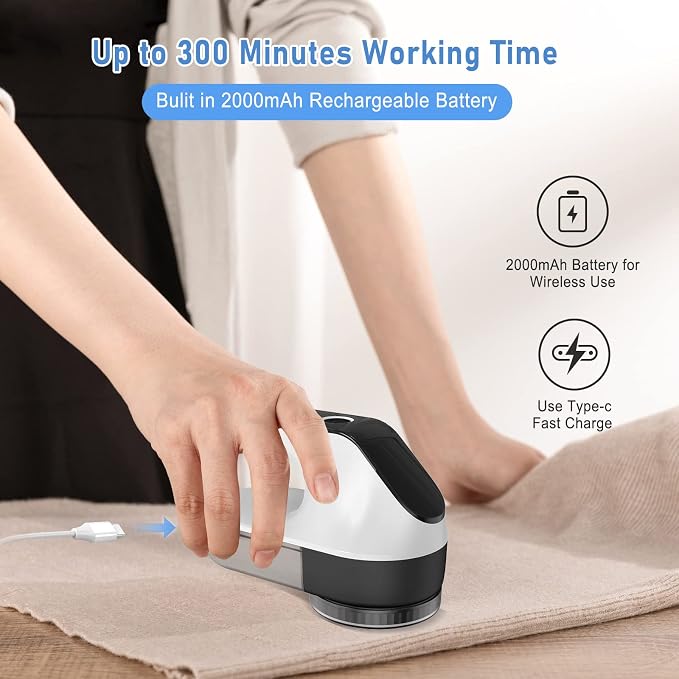 Fabric Shaver and Portable Electric Lint Remover - Sweater Defuzzer with 3-Speeds, 2 Replaceable Stainless Steel Blades, Remove Couch and Clothes Fuzz, Lint Balls, Pills (Black)