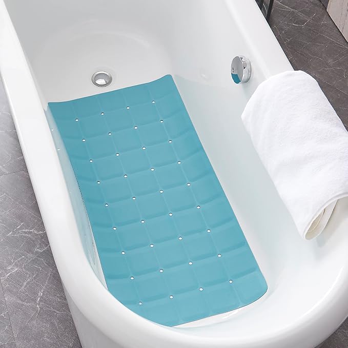 Webos Foldable Silicone Bathtub Mat: Jumbo Size Heavy Duty Safety Bath Mat for Tub Without Suction Cups Non Slip Bath & Shower Mat for Textured, Reglazed, Refinished Tub (Blue, 35.8 x 17.7)