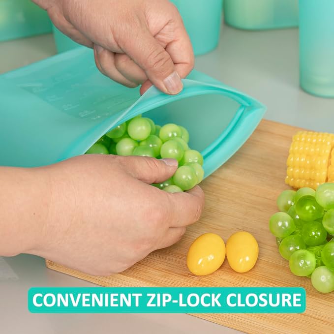 Reusable Food Bags, 8 Pack 100% Silicone Food Storage Bags Stand Up Zip Lock Container, Freezer Microwave Oven Dishwasher Safe, 4 Medium 2 Small 2 Extra Small, Aqua