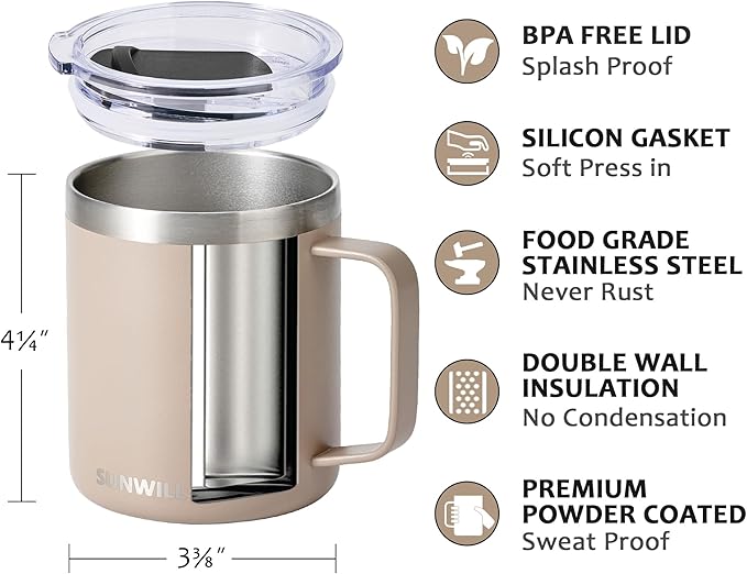 SUNWILL Travel Coffee Mug Set of 2, Insulated Tumbler with Lid, 14oz Stainless Steel Cup with Handle for Camping, Office, Home, Powder Coated Cream & Taupe