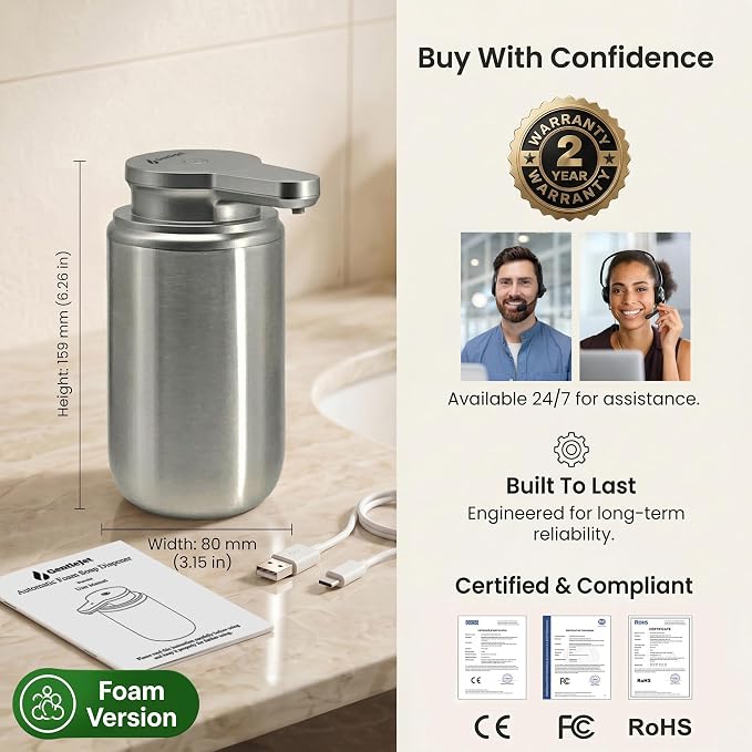 GentleJet WaveJet Automatic Foaming Soap Dispenser Touchless Sensor, USB-C Rechargeable, 304 Stainless Steel, IPX5 Waterproof for Bathroom Kitchen Sink, 12 oz / 350 ml