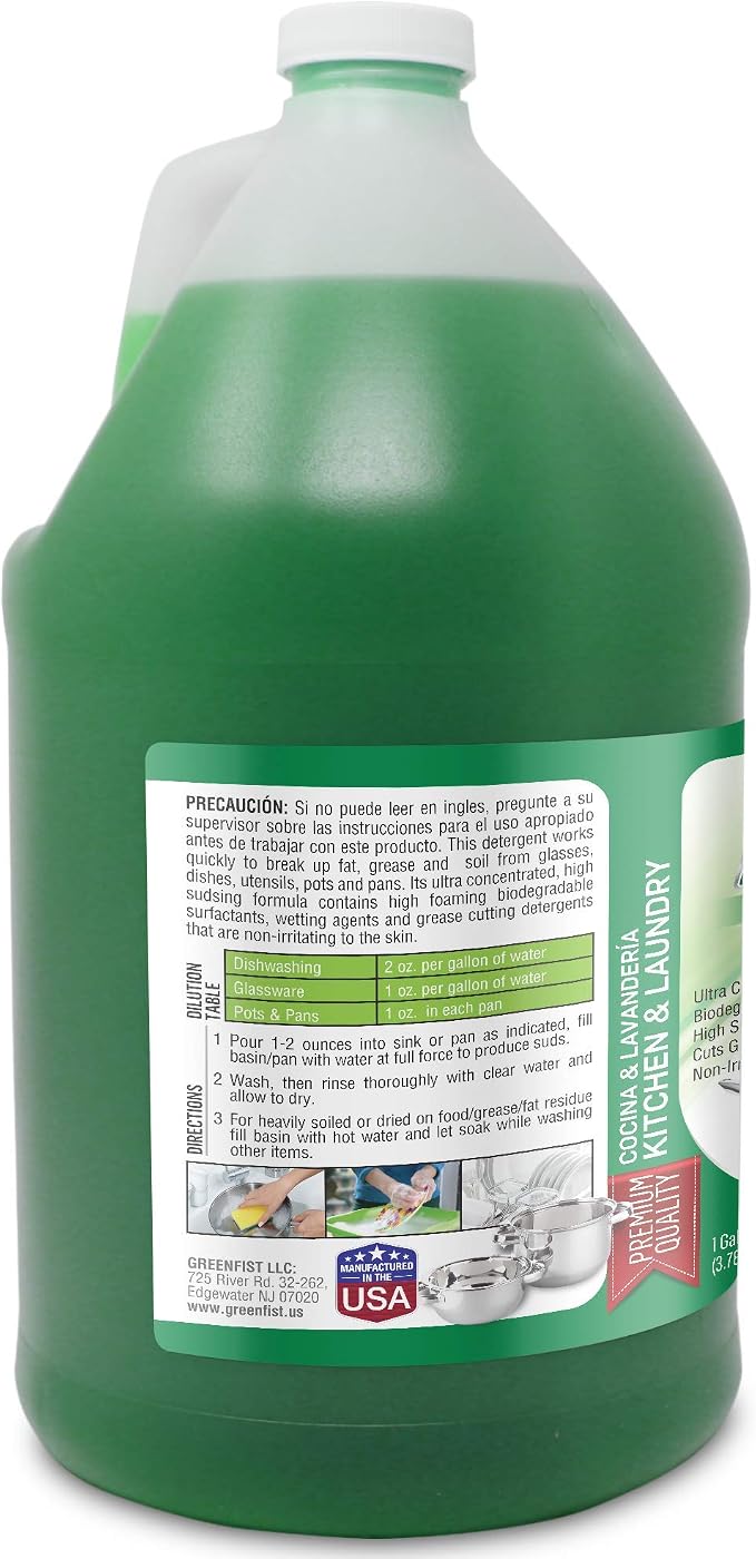 GreenFist Green Dish Soap [ Lemon Scent ] Manual Pot & Pan Professional Detergent Liquid Refill Pot & Pan Dish-Wash, 128 ounce (1 Gallon) 2 Pack