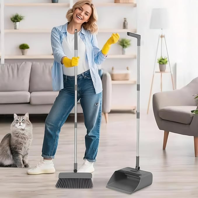 Broom with Dustpan, Broom Dustpan 3-in-1 90° Stand up Heavy Duty Dust Pan and Set with Long Handle 180° Rotation for Indoor & Outdoor Sweeping, Set