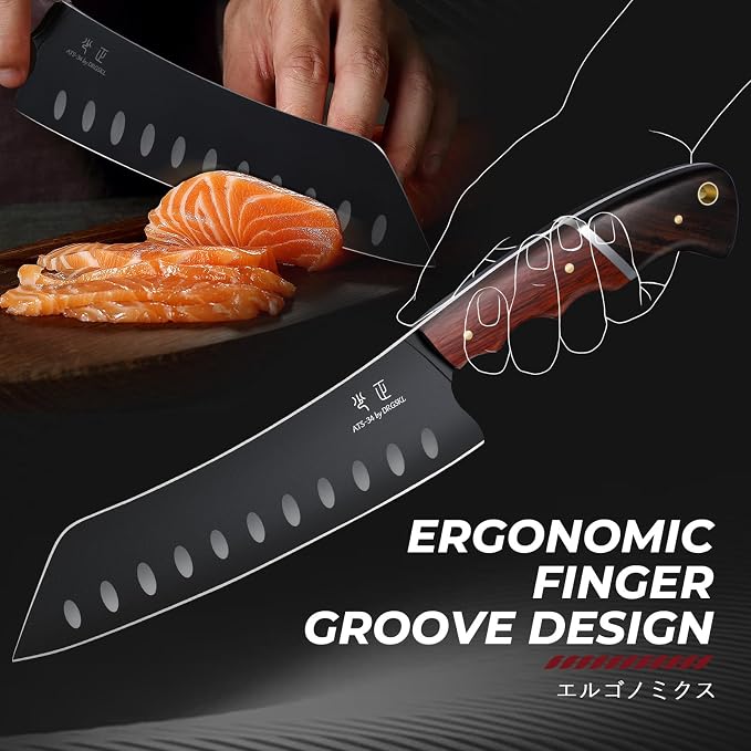 DRGSKL Santoku Knife 7 Inch - Japanese Chef Knife for Fish, Bunka Knife | Japanese ATS-34 Steel, Full Tang, Ergonomic Walnut Handle, Precision Cutting, Gift Box