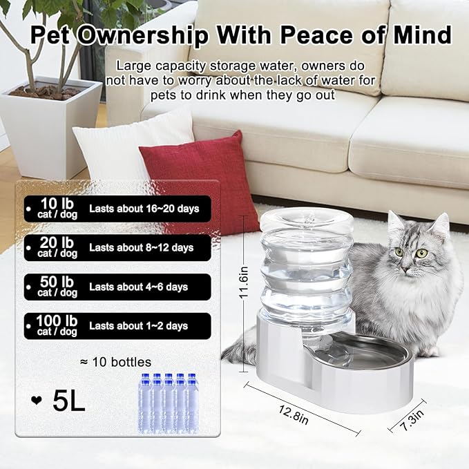 RIZZARI 5L Gravity Cat Water Dispenser: Filtered for Small Pets | Reduced Refills / Stainless Steel Bowl / Anti Splash Base /BPA-Free Materials/ Easy Cleaning / Kitchen Living Room Use
